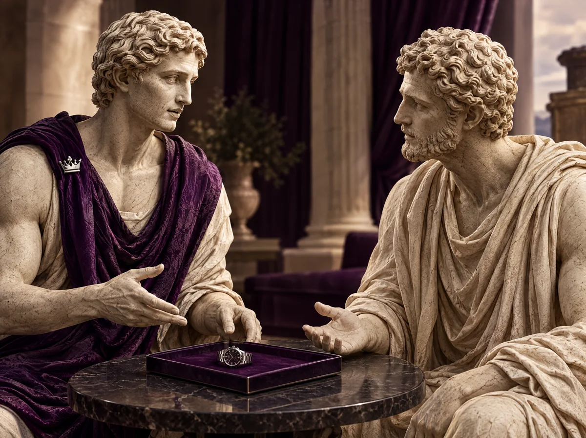 Two marble statues in conversation over a watch, one wearing a purple Deverlux sash