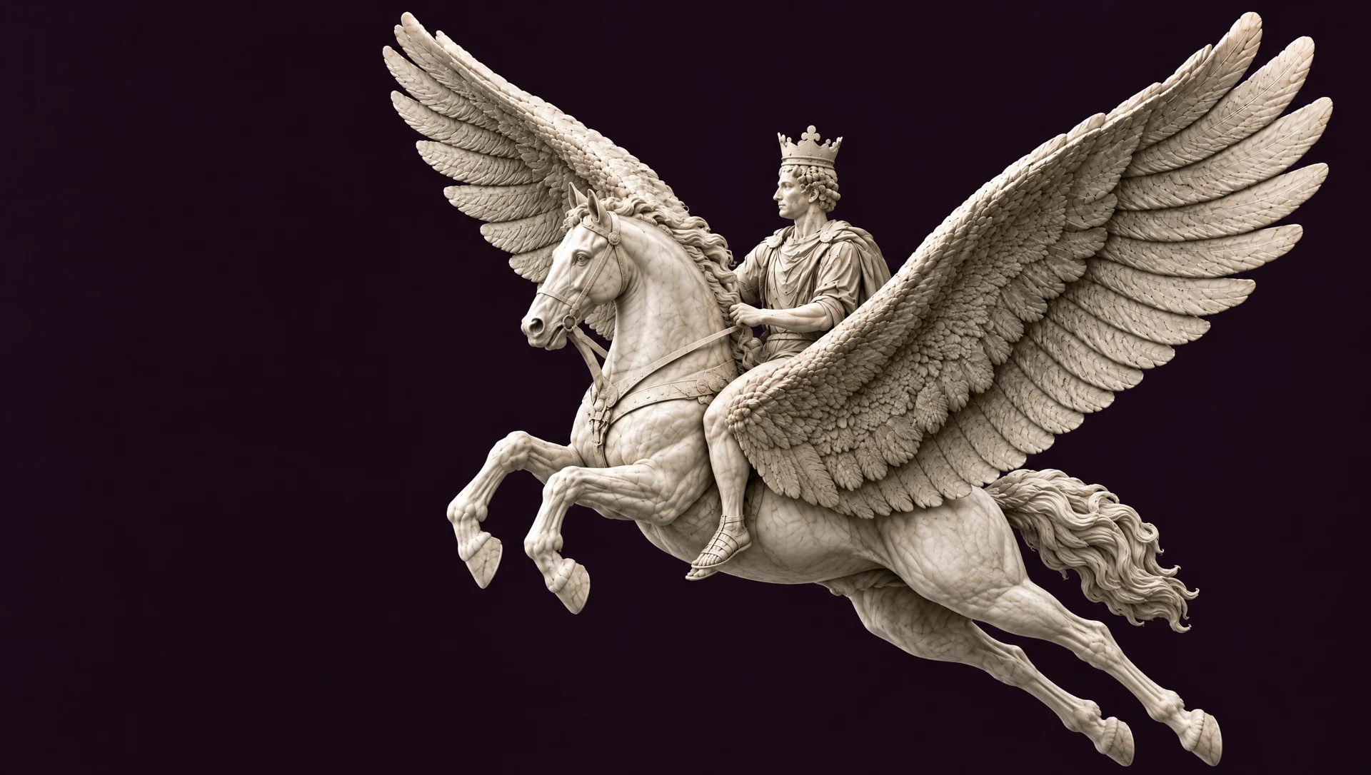 An ivory marble Pegasus and Roman emperor, sculpted in stone and wearing the Deverlux crown