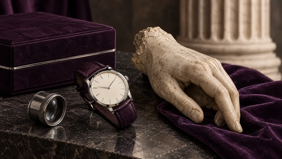 An ivory-dial timepiece beside a carved marble hand and a purple presentation box