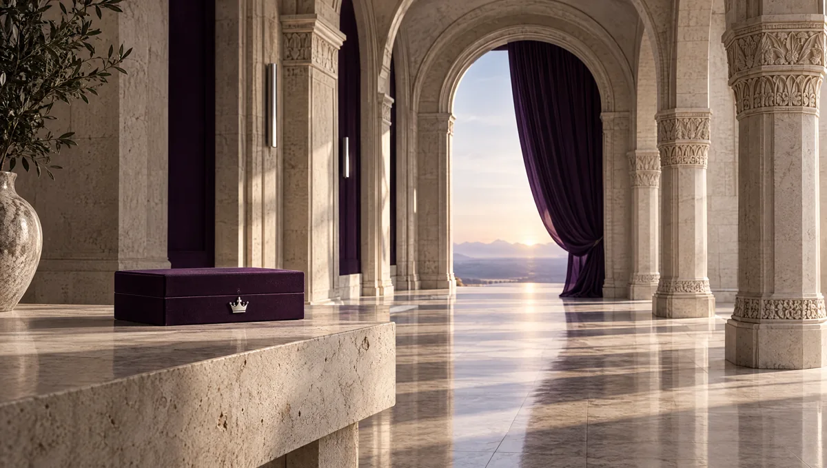 An ivory stone gallery opening toward a quiet horizon, with a purple Deverlux presentation box